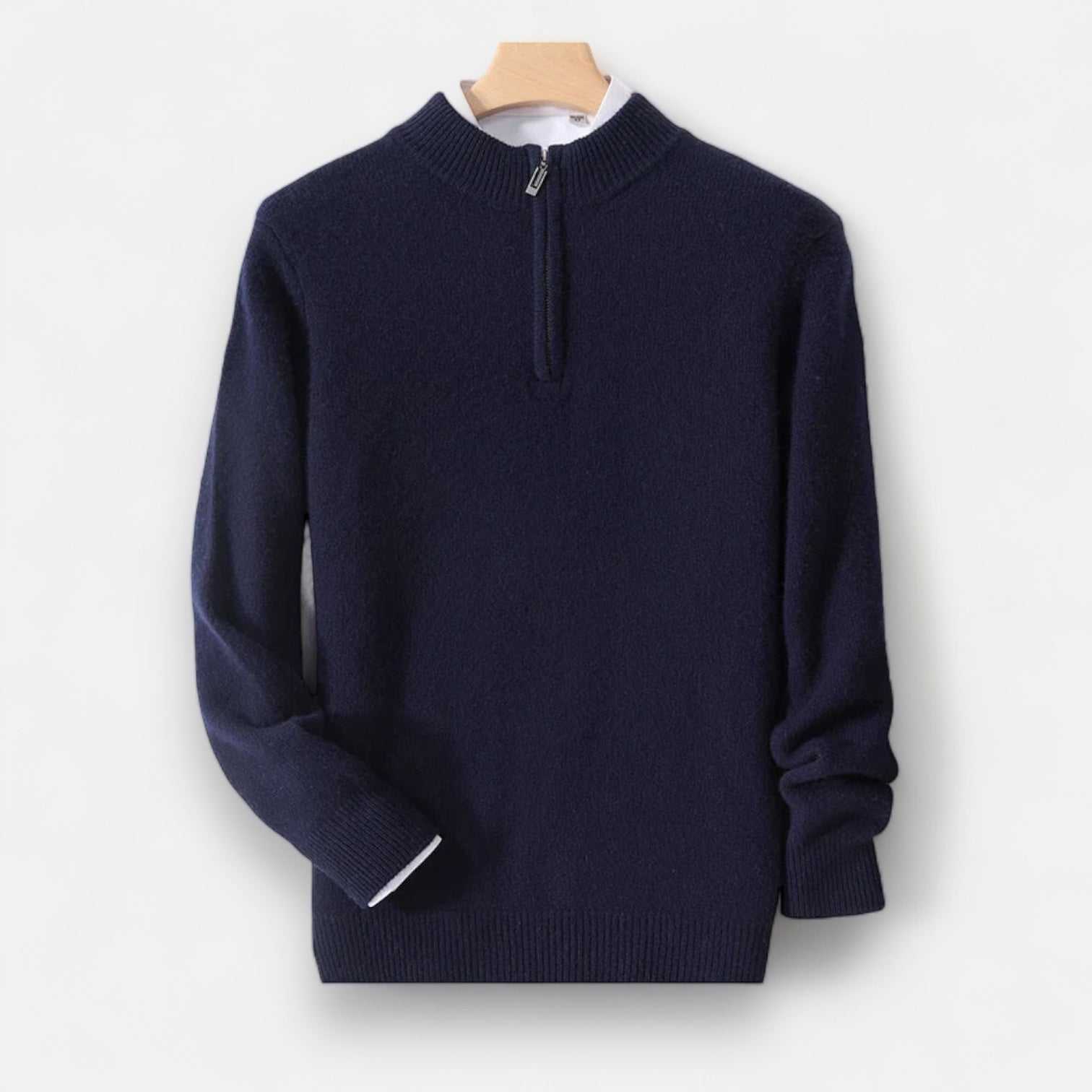 Luxury wool casual sweater in navy blue designed for men.