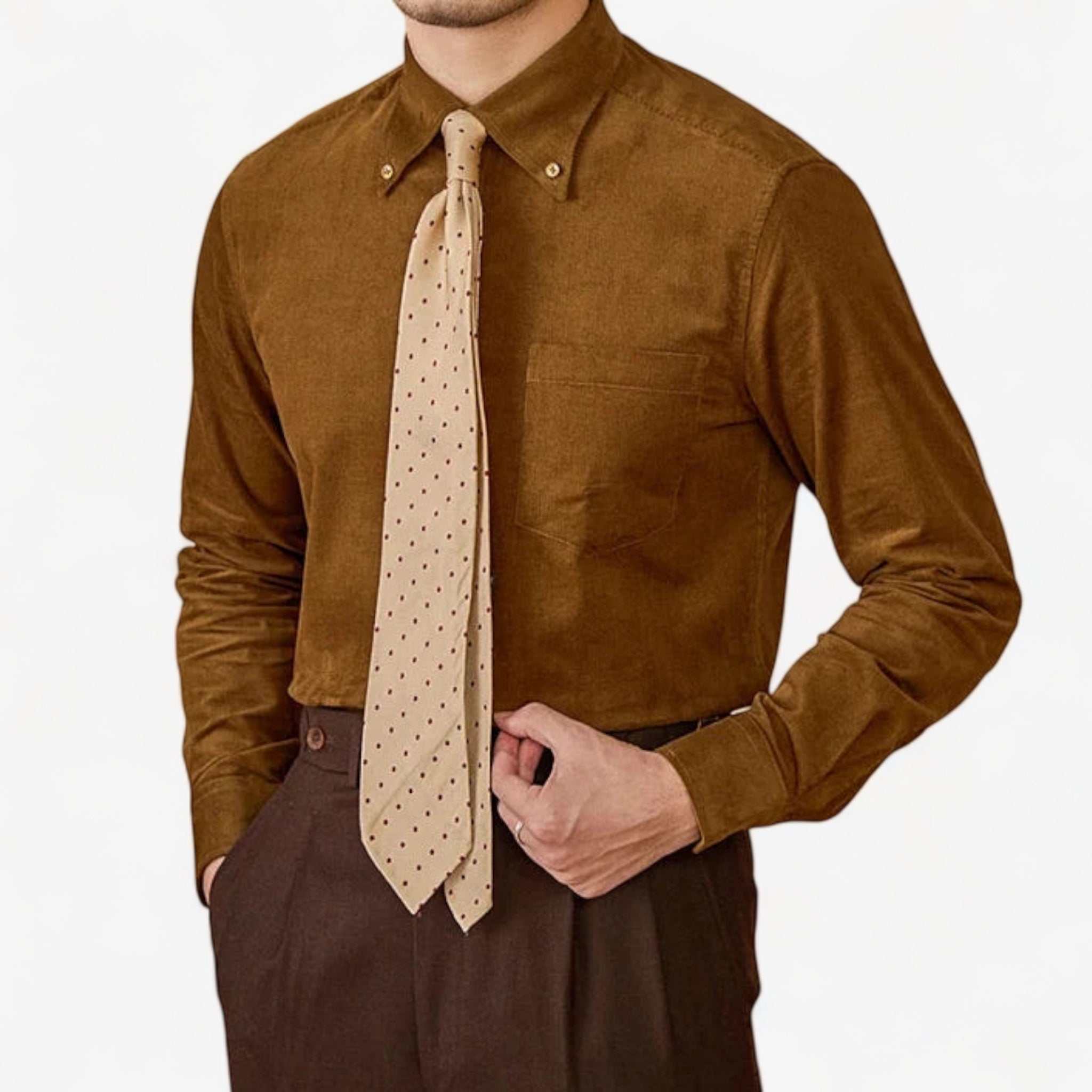 Men's autumn vintage corduroy shirt in brown with a polka-dotted tie.