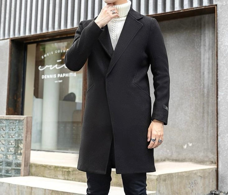 Antonios Long Wool Coat Men, casual and elegant style, solid pattern.