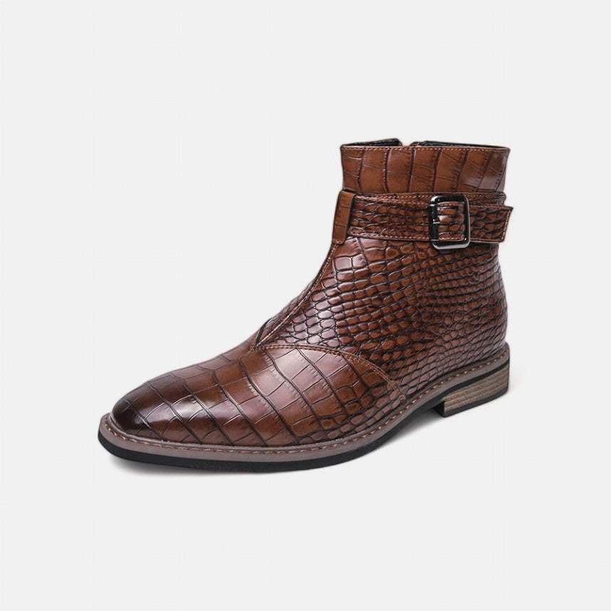 Formal pointed retro boots in brown ecological leather with sleek design.