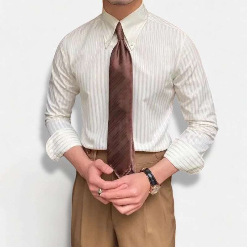 Striped spring gentleman English shirt for men, casual and elegant style, breathable viscose fiber.