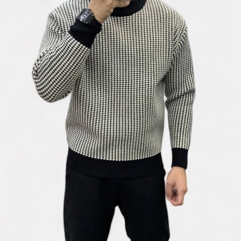 Men's CREW Sweater with black and white solid pattern and half-zipper, designed for comfort and style.