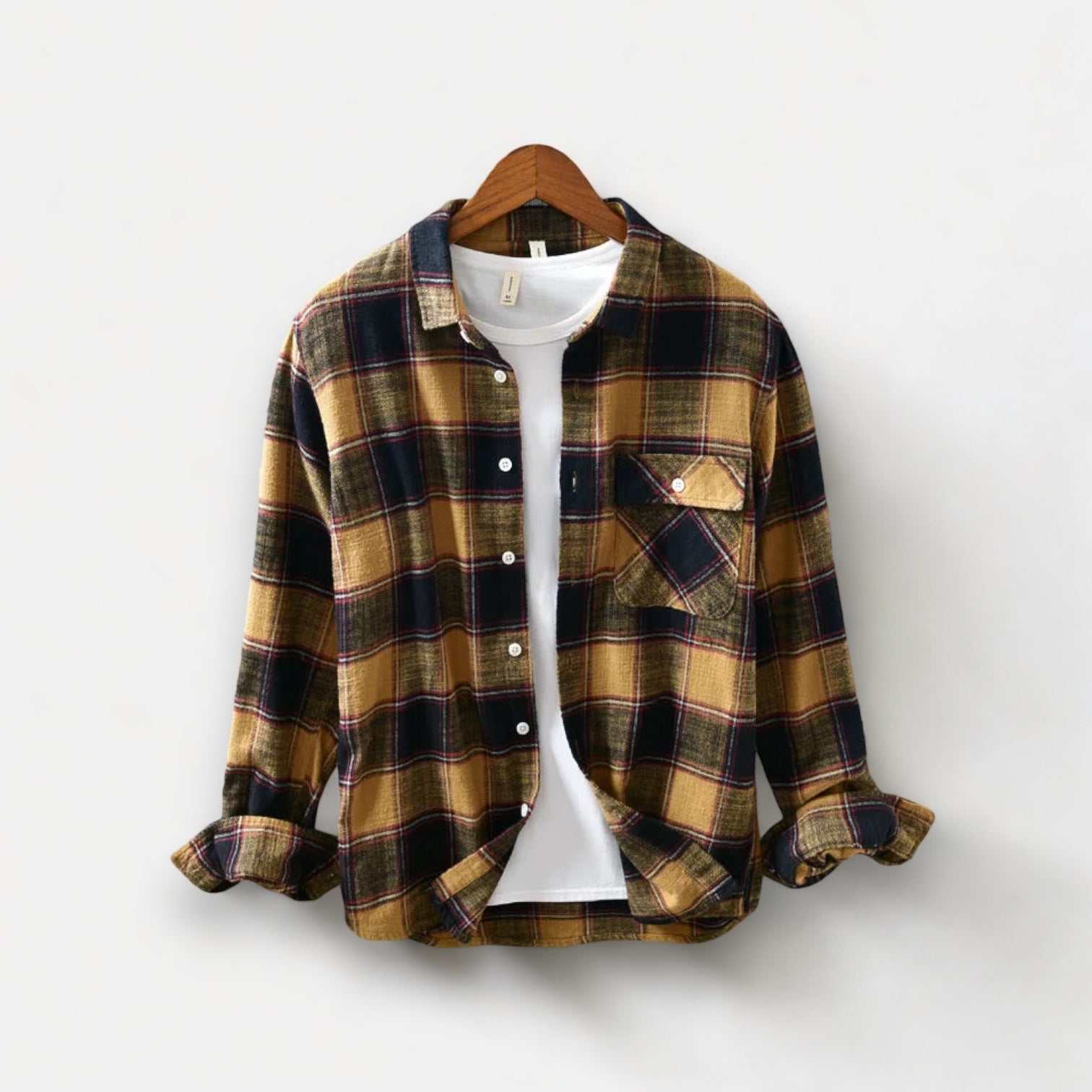 Korean plaid long-sleeve cotton shirt for men, spring/summer casual style.