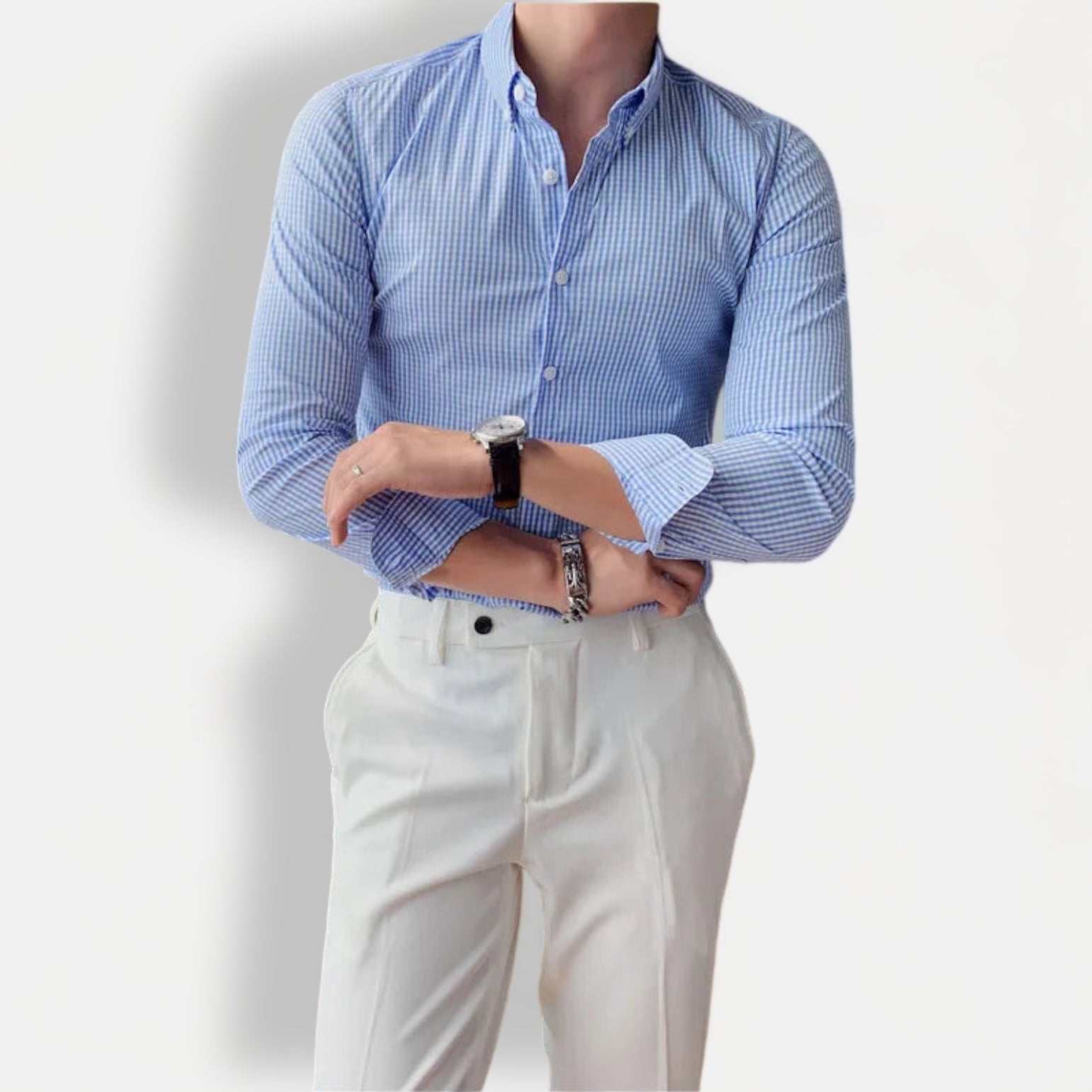 Blue cotton long sleeve plaid shirt for men, perfect for casual or office wear.