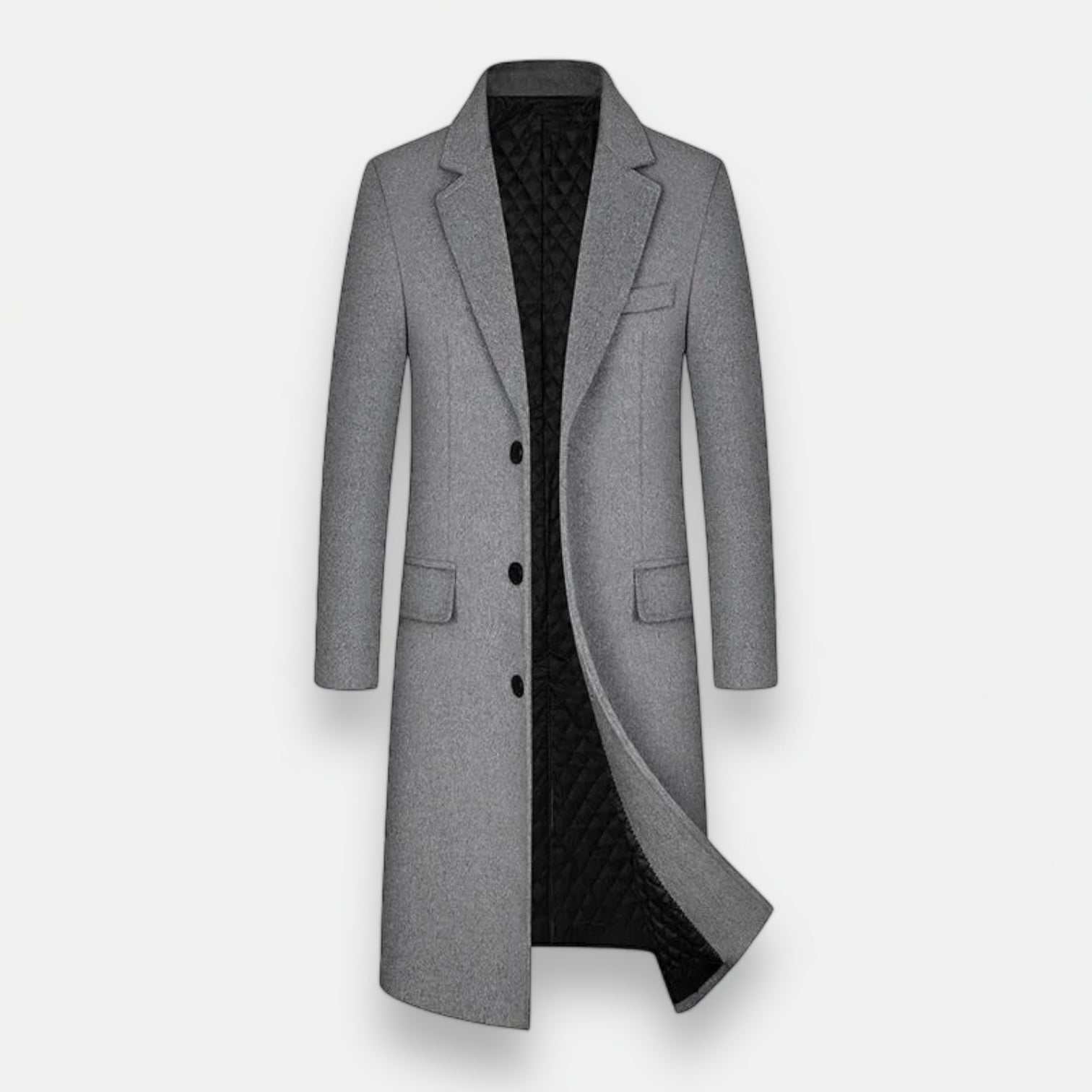 Wool elegant long coat for men in gray, suitable for autumn and winter seasons.