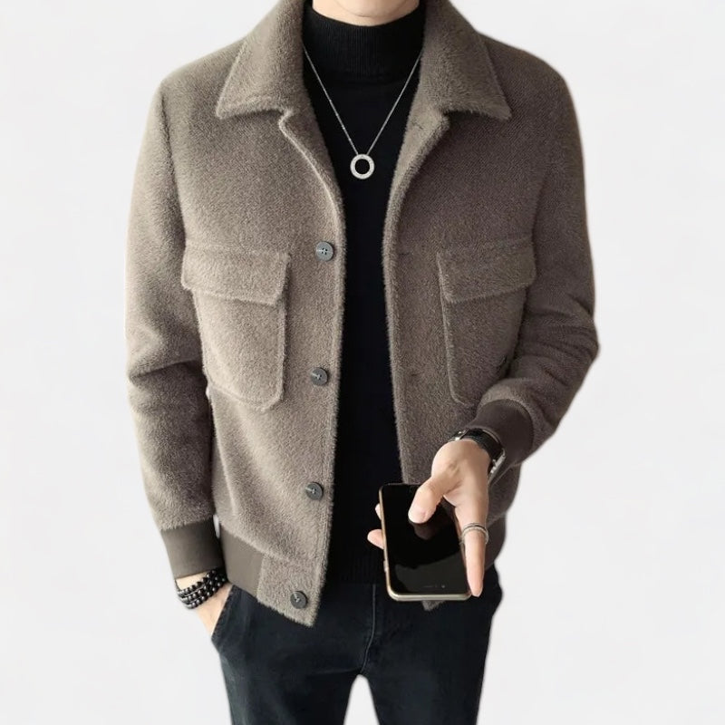 Men's heavy overcoat, casual elegant style, solid pattern, winter fashion.