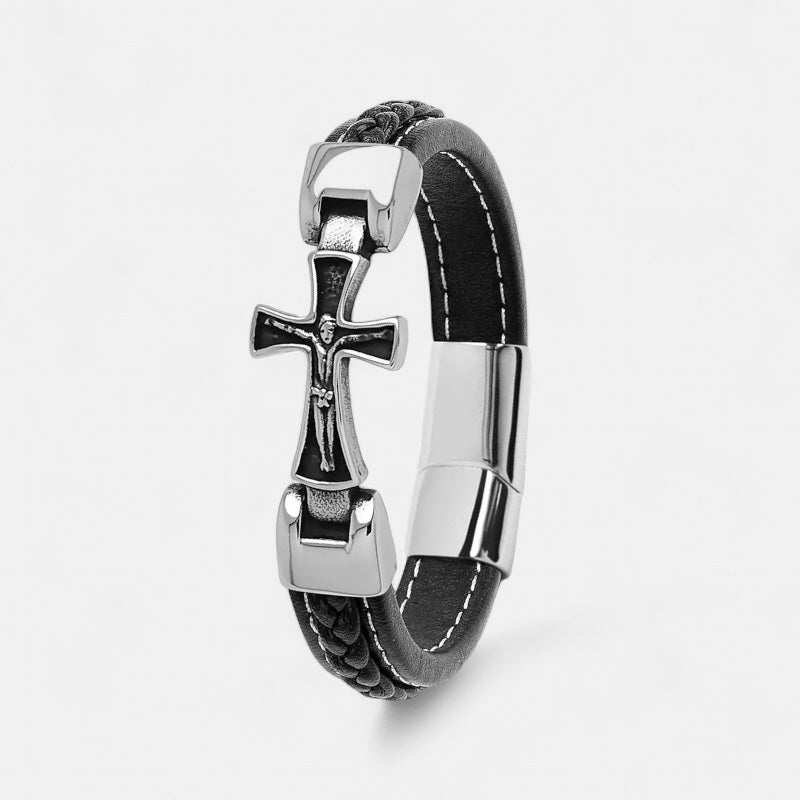 Cross casual leather bracelet with stainless steel cross design.