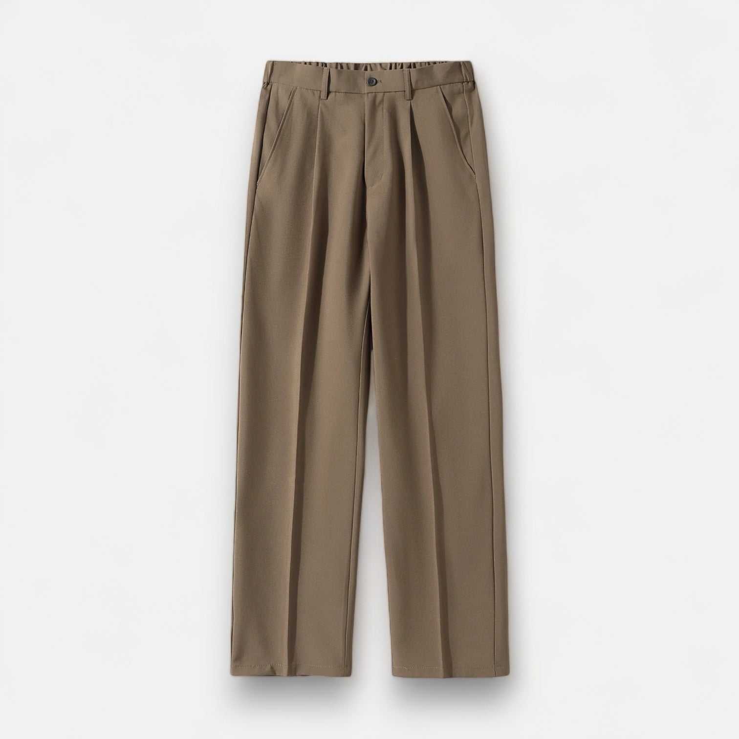 Korean chino pants in polyester, smart casual style, brown color.