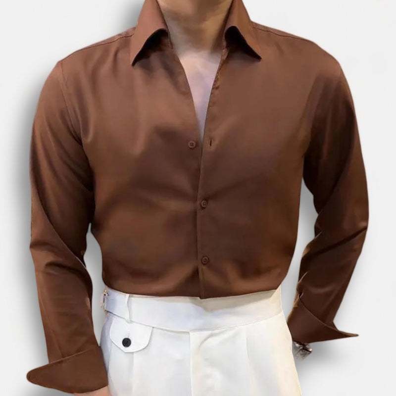 Men's brown tuxedo office long sleeve shirt with a classic collar and buttoned front, paired with white trousers.