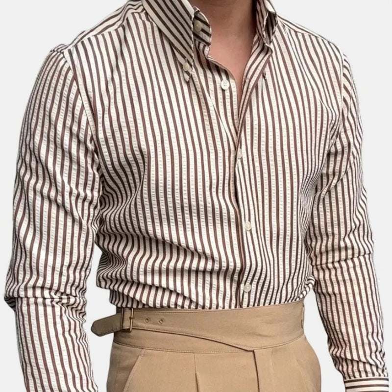 Antonios formal striped long sleeve shirt for men, cotton-polyester blend, classic design.