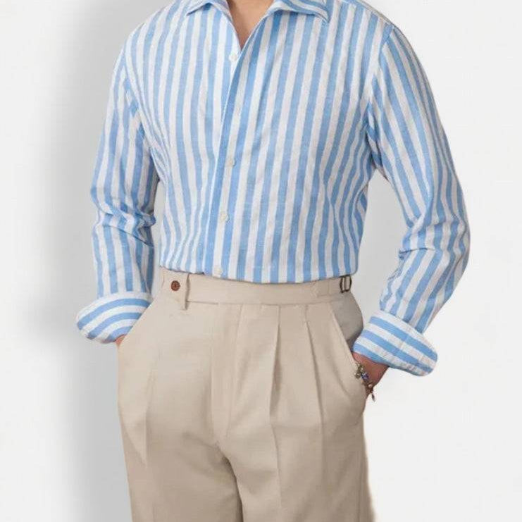 Business striped white summer shirt for men, featuring elegant white stripes, perfect for office wear.