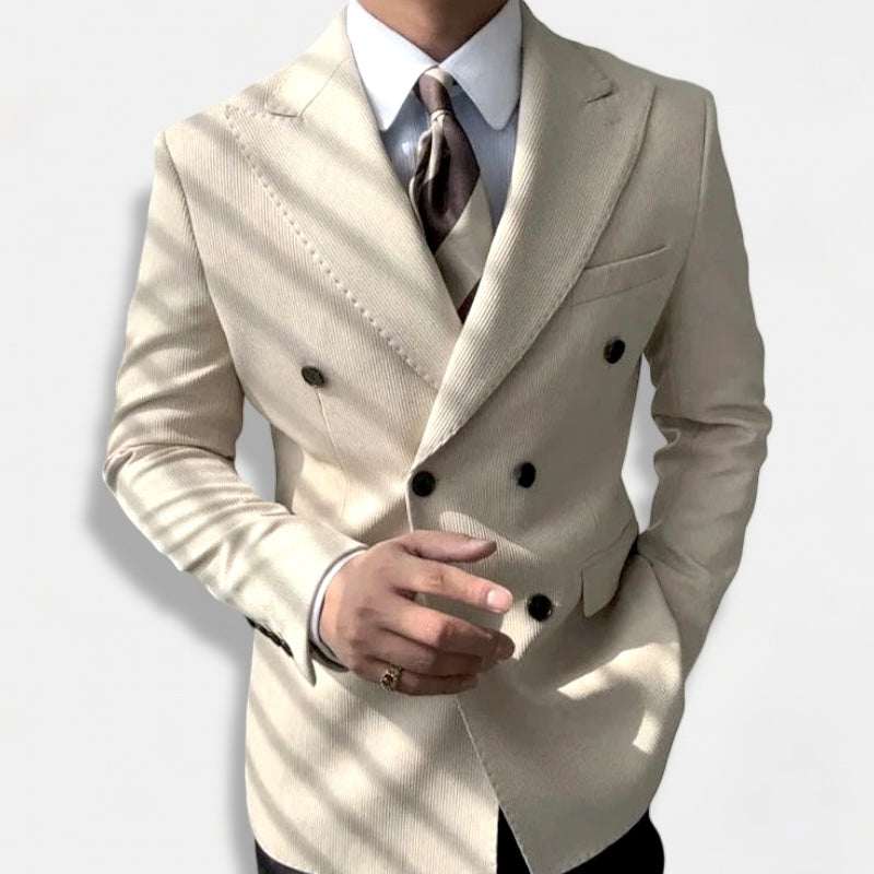 Antonios double breasted suit blazer for men in elegant, solid beige.
