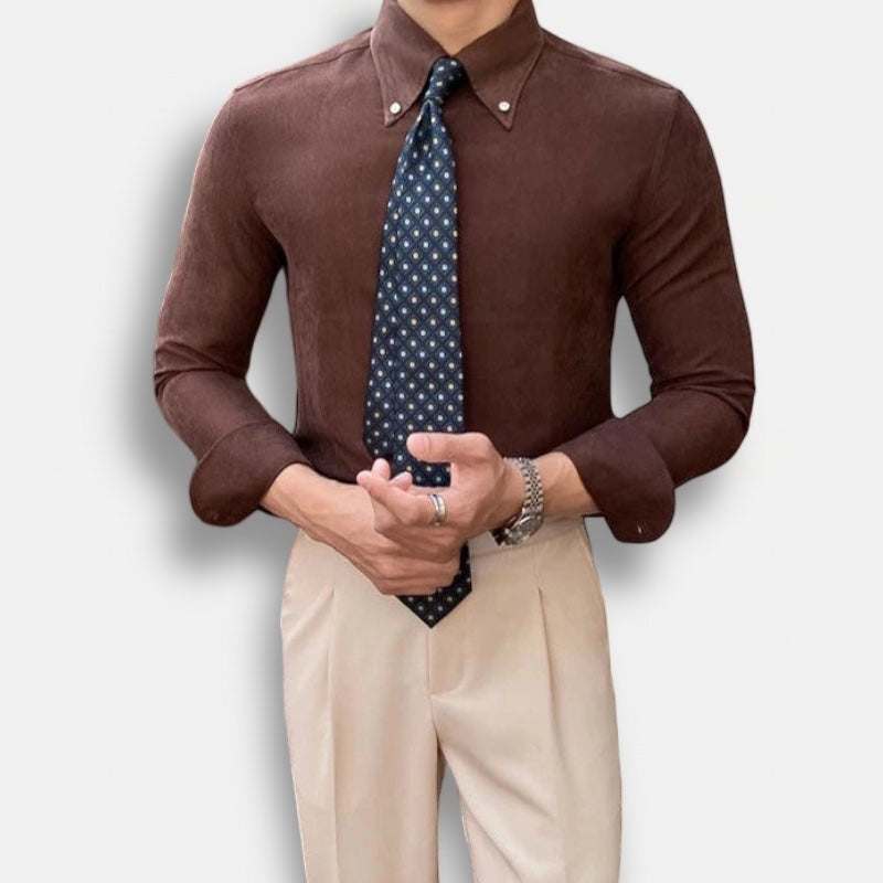Business outfit style long sleeve shirt in brown polyester, showcasing elegance and sophistication for office settings.