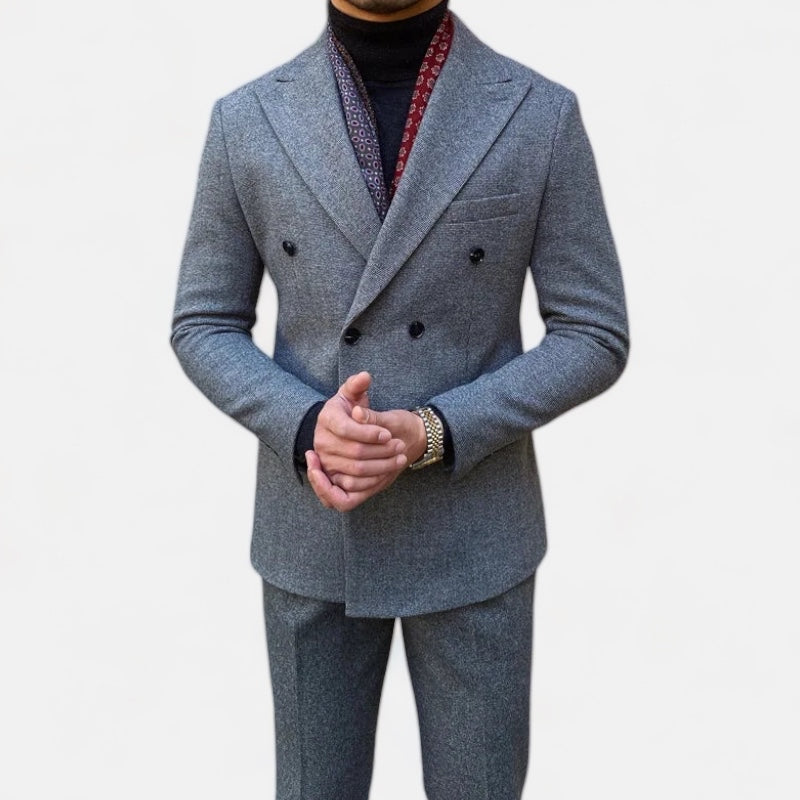 Office double-breasted suit for men in Italian style, polyester fabric, elegant design.