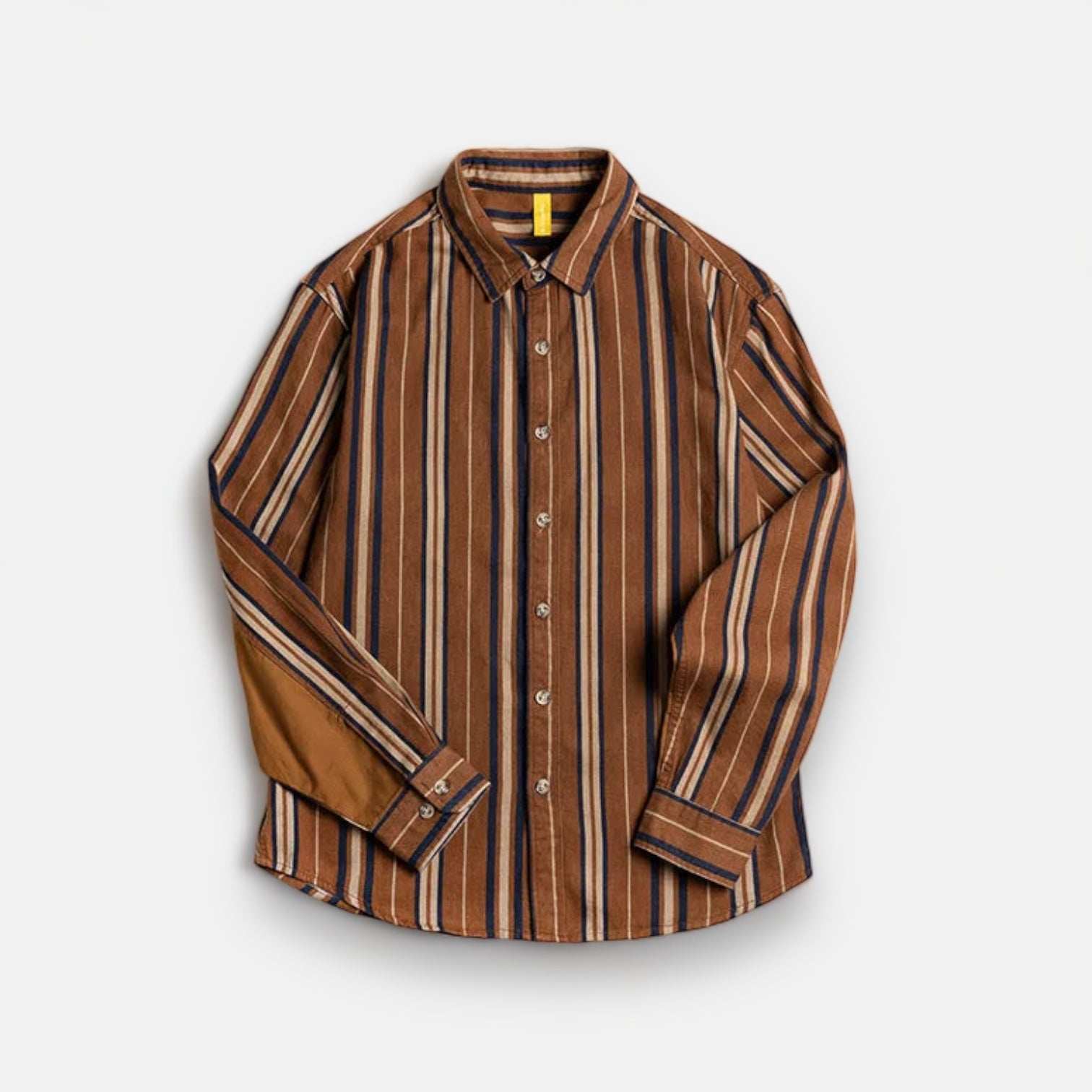 Vintage summer cotton shirt with stripes, classic collar, brown and black tones.