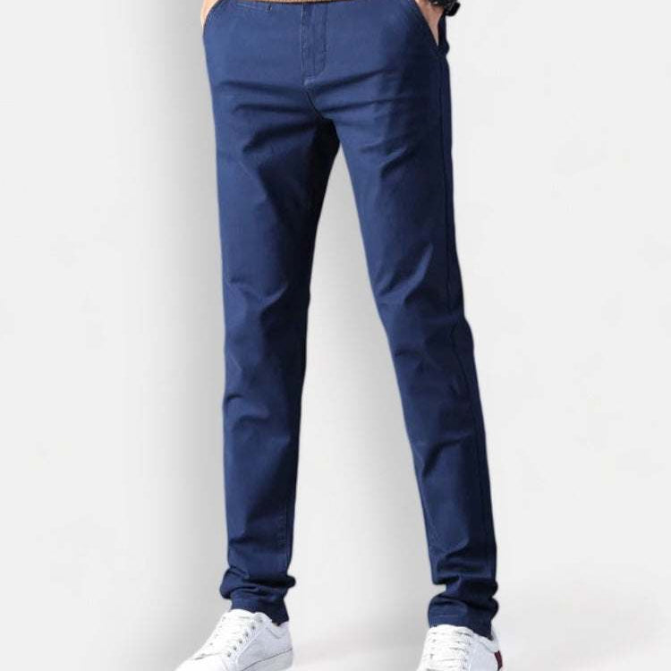 Cotton straight chino pants in navy, casual and comfortable fit.