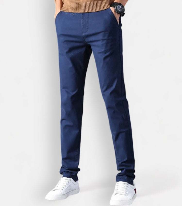 Cotton straight chino pants in navy, casual and comfortable fit.