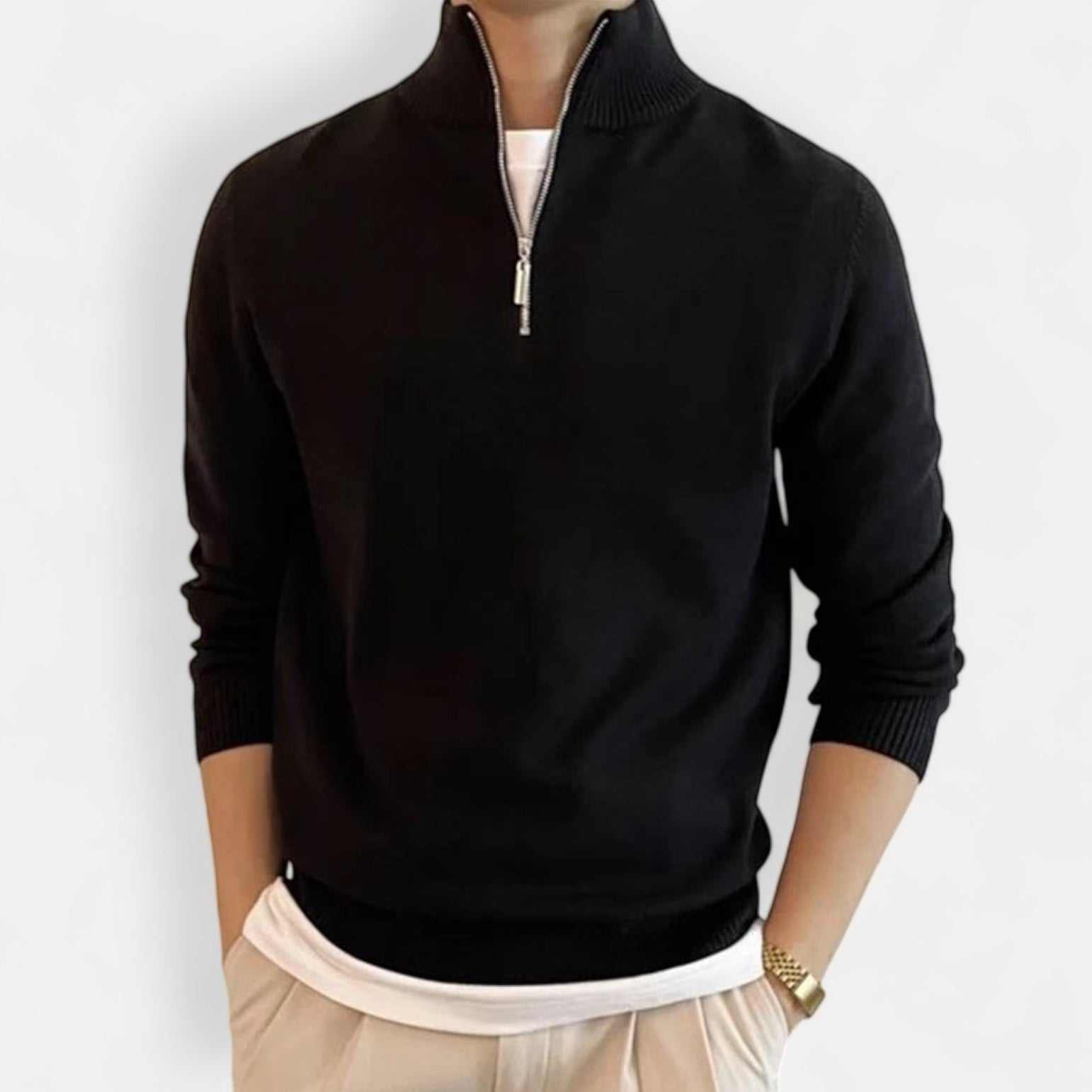 Men's black stand collar zipper sweater made from wool and polyester blend.