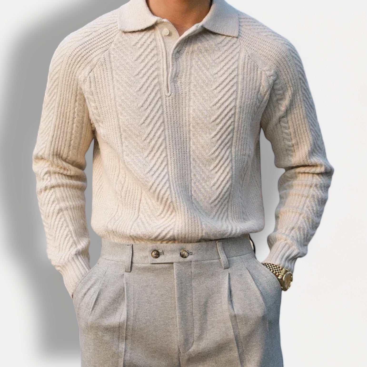 Autumn lapel regular fit sweater for men with elegant design and striped pattern.