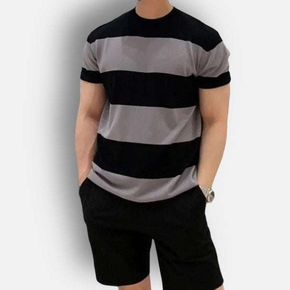 Antonios o-neck striped summer t-shirt in black and gray, casual and elegant style.