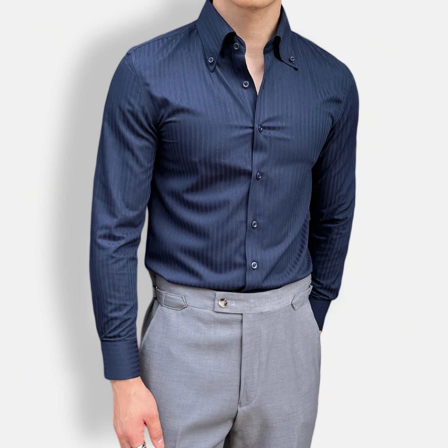 Men's business casual slim fit shirt in solid dark color, perfect for spring and summer elegance.