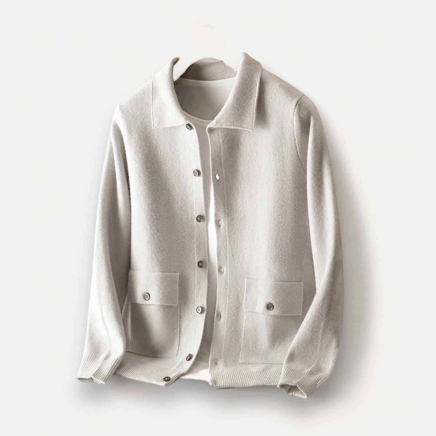 Antonios wool polo collar cardigan in soft wool and cotton blend, perfect for men's all-season comfort and style.