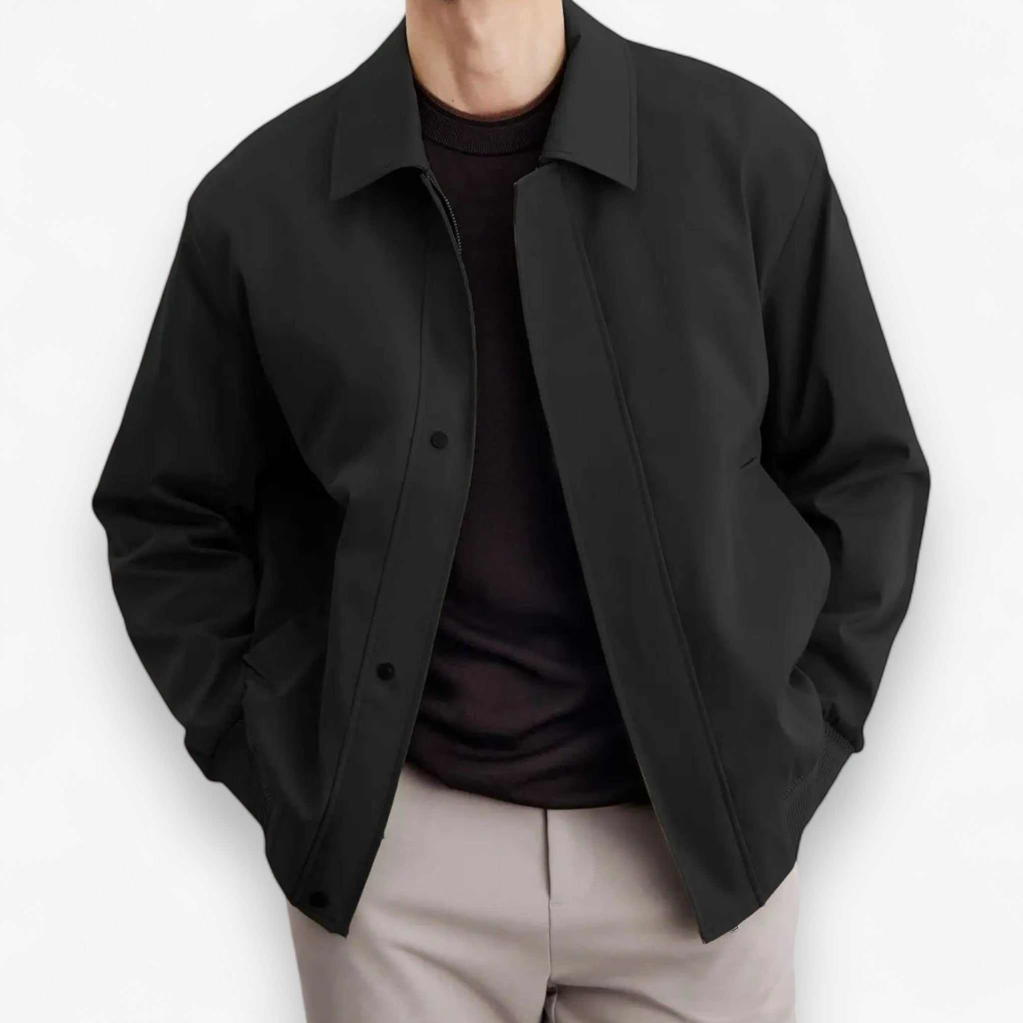 Korean bomber winter jacket in black for men, featuring a stylish design and comfortable fit.