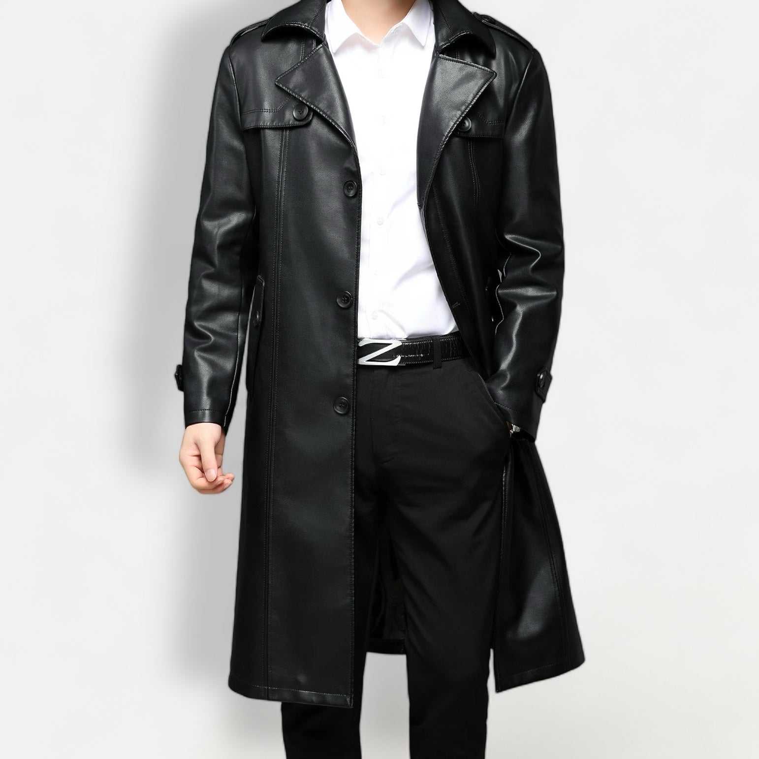 Men's stylish PU leather long coat in black, autumn/winter wear.