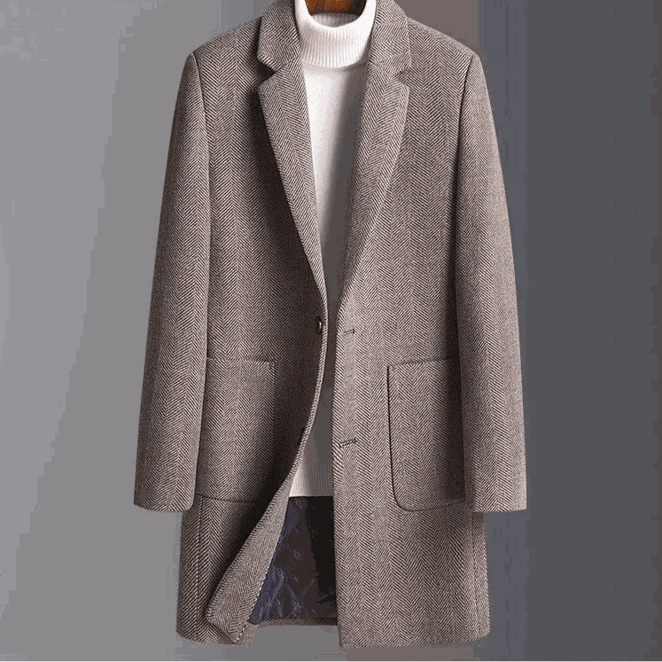 Business casual Korean coat for autumn and winter, men's polyester and wool blend, warm and stylish.