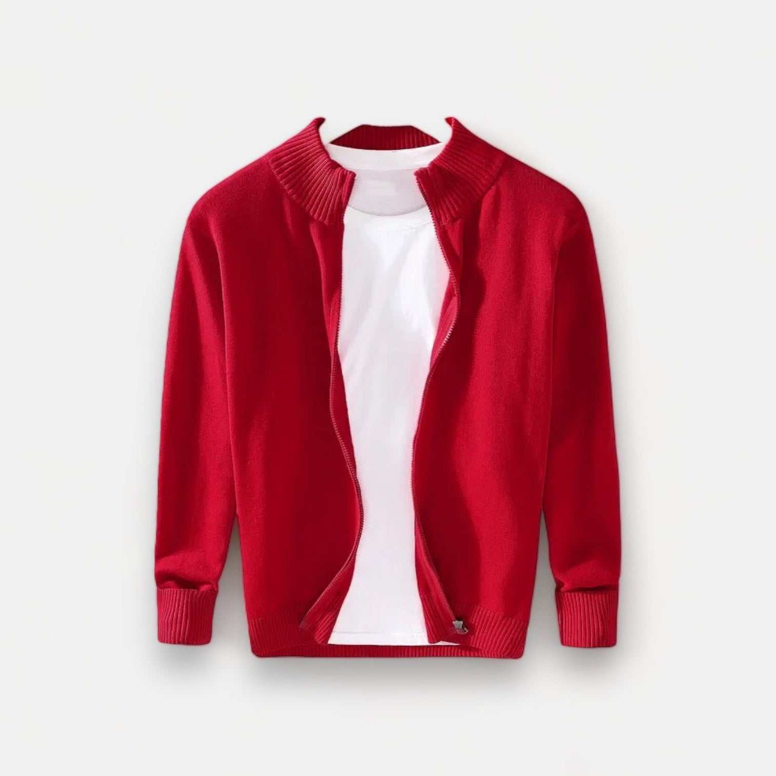 Smart casual cardigan in red with white shirt, 100% cotton for men, perfect for all seasons.