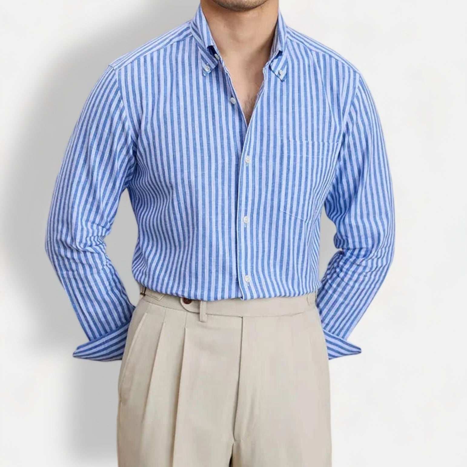Antonios business striped long-sleeve shirt for men displayed on a model, showcasing lightweight linen-cotton blend material.