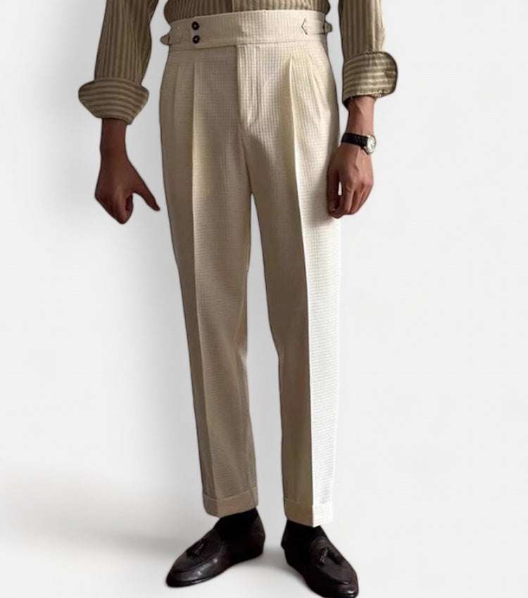 Lace-up belt high-waist trousers in polyester, stylish and comfortable.