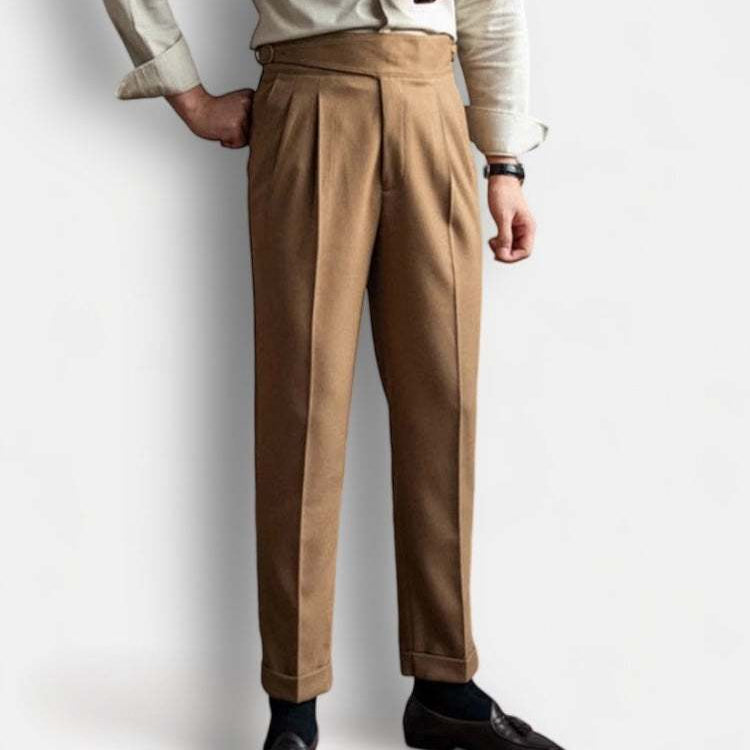 Office high-waist trousers in brown polyester, showcasing professional and elegant style.