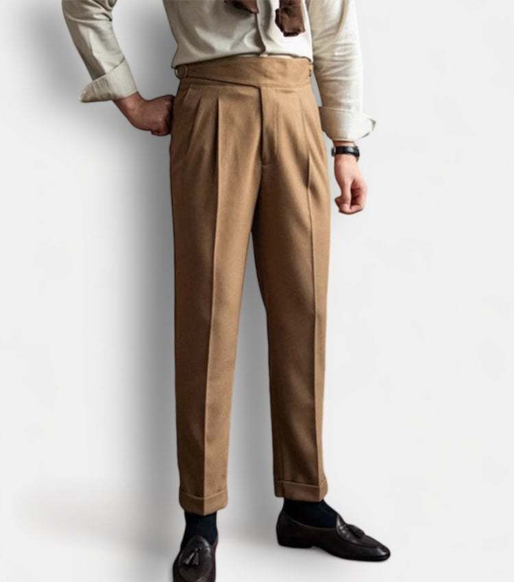Office high-waist trousers in brown polyester, showcasing professional and elegant style.