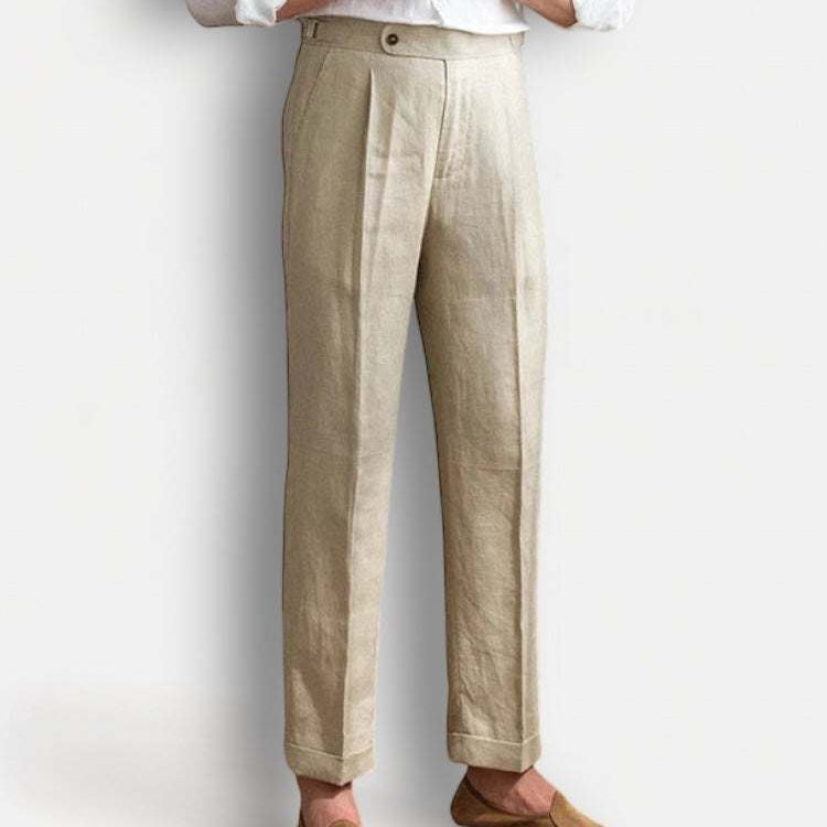 Lightweight Italian high-waist linen trousers for men, solid color, smart casual style.