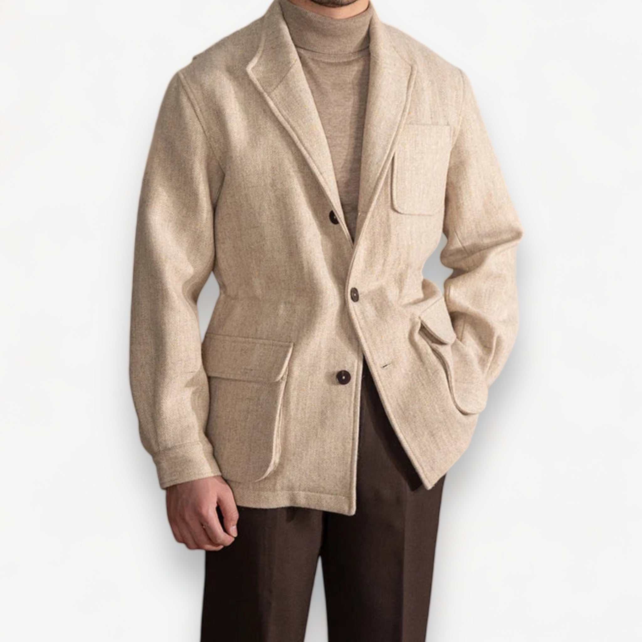 Men's British winter premium jacket, wool and cotton blend, beige color.