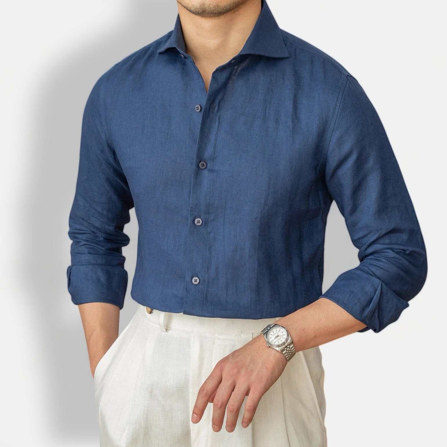 Men's blue lightweight linen long-sleeve shirt, perfect for all seasons and warm weather.