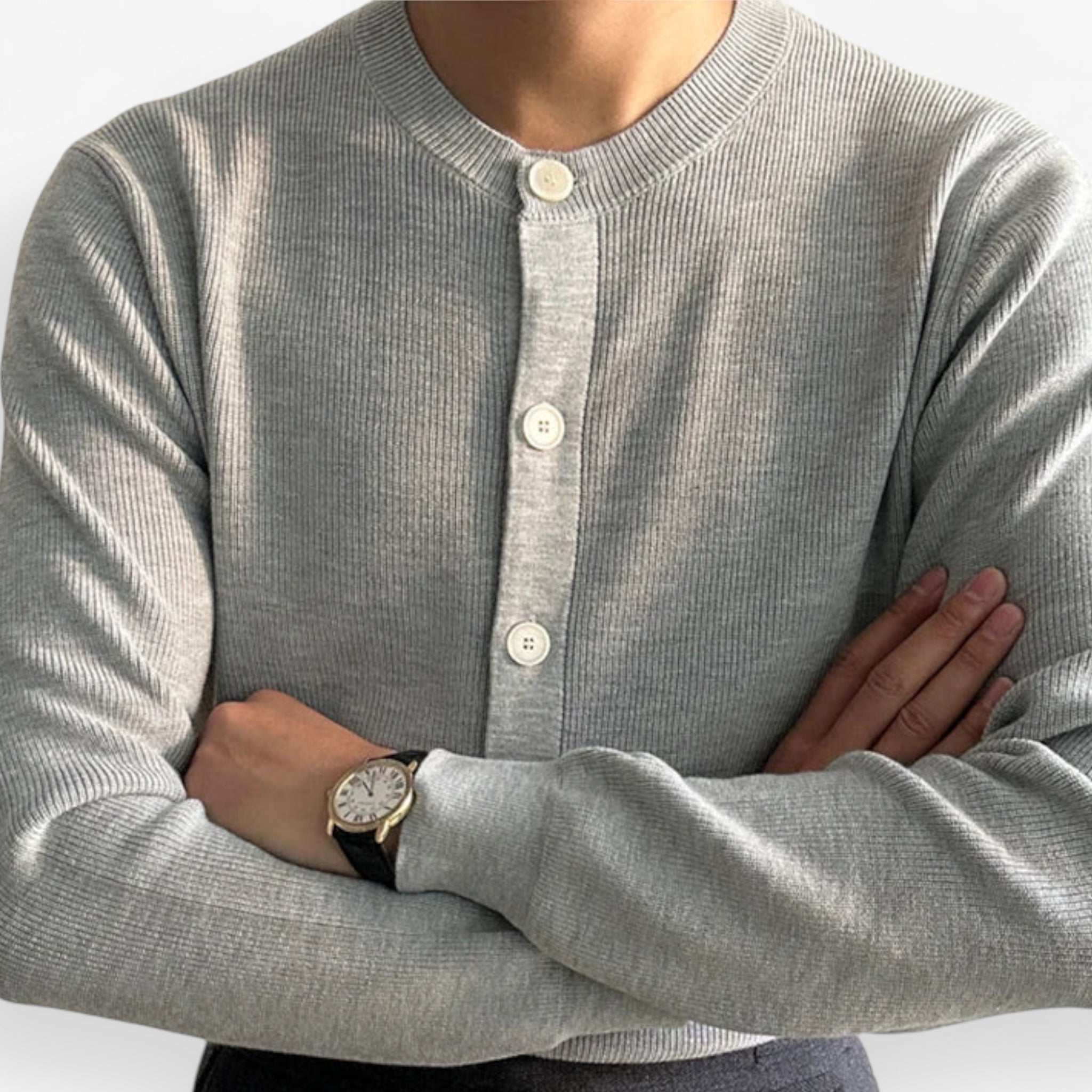 Italian trendy cardigan in soft grey fabric with front buttons, perfect for a stylish and cozy men's fit.