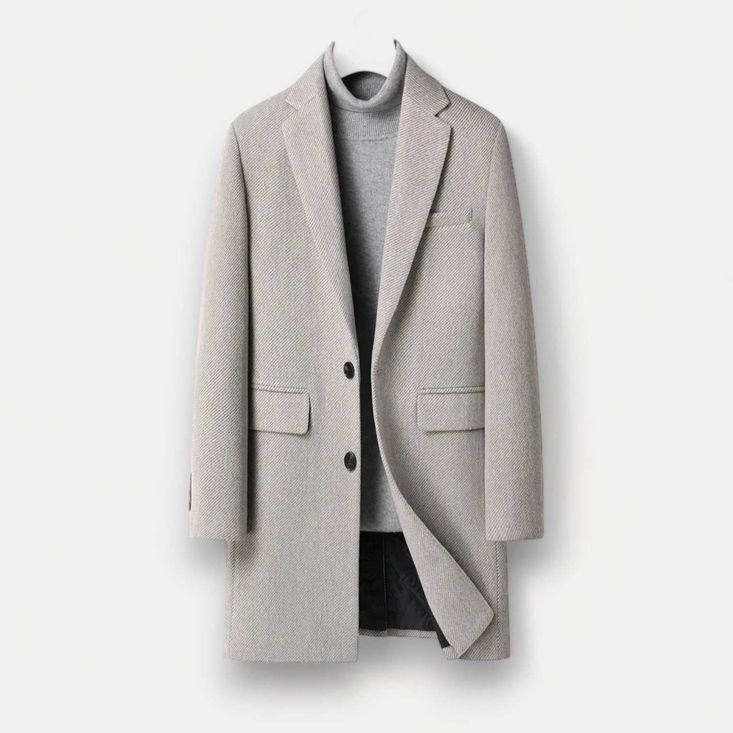Men's autumn business overcoat in light gray, high-quality polyester, stylish and warm for fall.