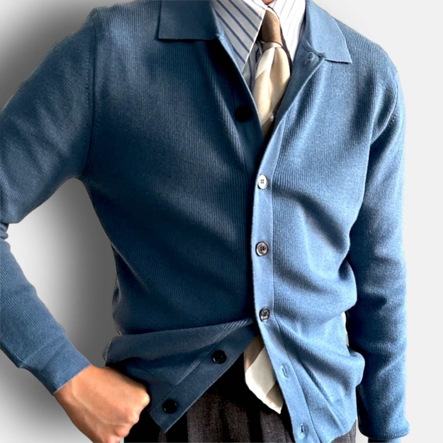 Men's blue Antonios knitted cardigan, lightweight acrylic, casual elegance.