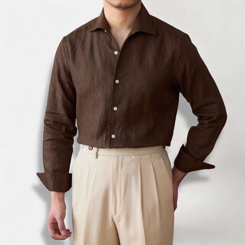 Men's brown linen elegant long sleeve shirt, perfect for spring and summer casual or office wear.