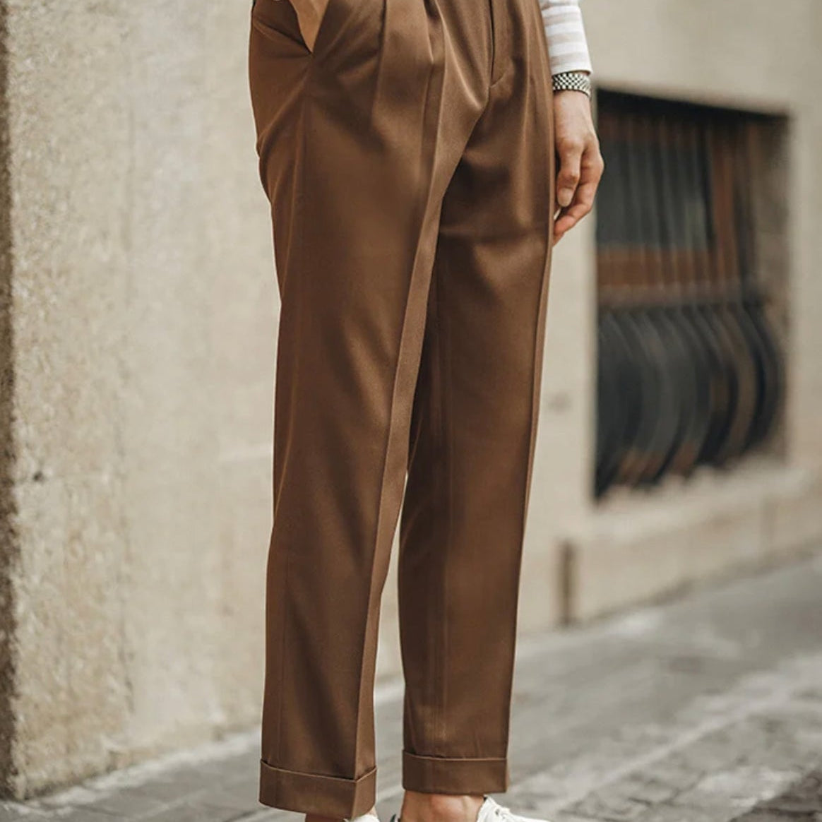 High Waist Business Trousers in brown polyester, showcasing classic elegance with a tapered fit.