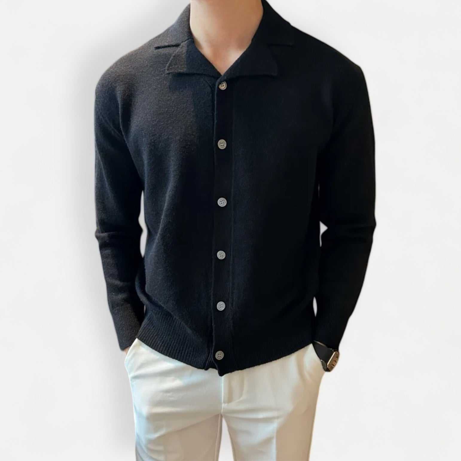 Business casual knitted cardigan for men in black with button front, 100% acrylic material.
