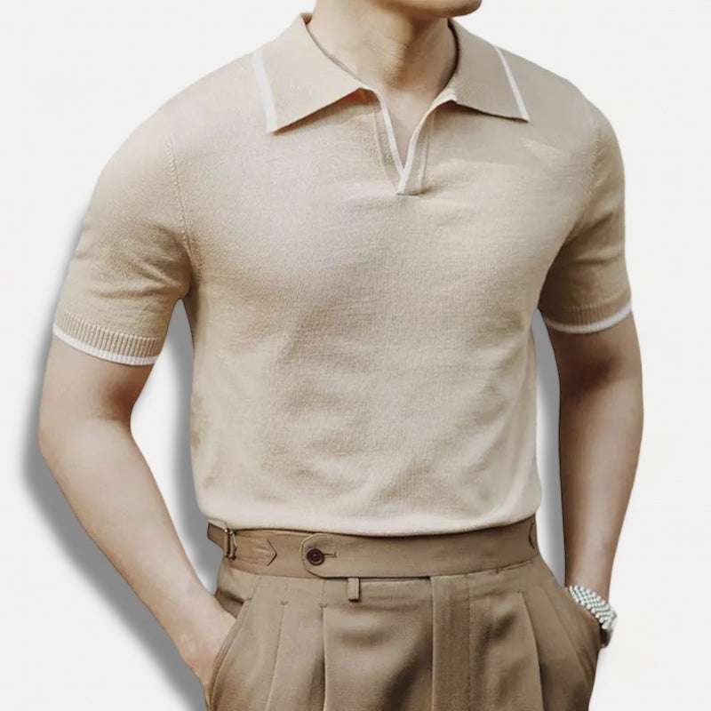 Knitted polo collar t-shirt in beige, featuring short sleeves and classic design.