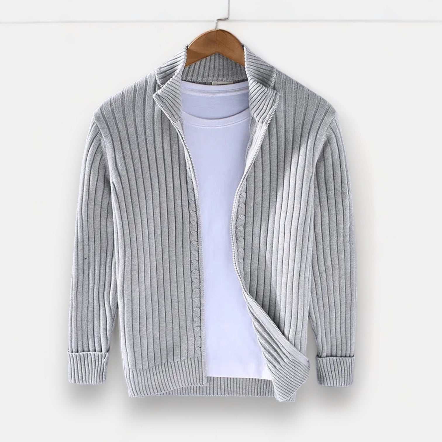 Autumn stand collar cotton cardigan with ribbed design, perfect for cool weather.
