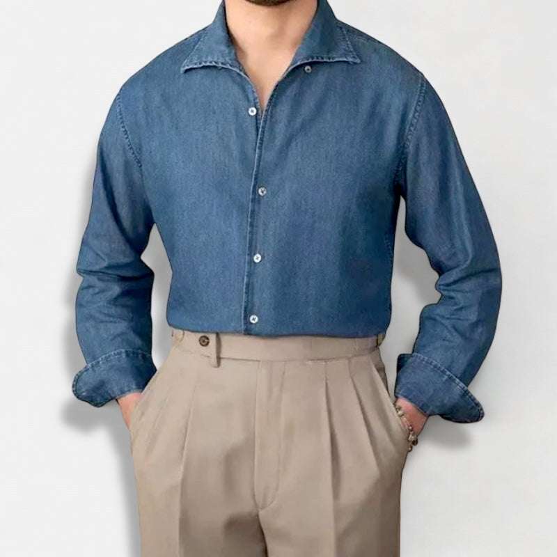 Men's vintage casual long sleeve shirt in solid color, perfect for spring and summer.