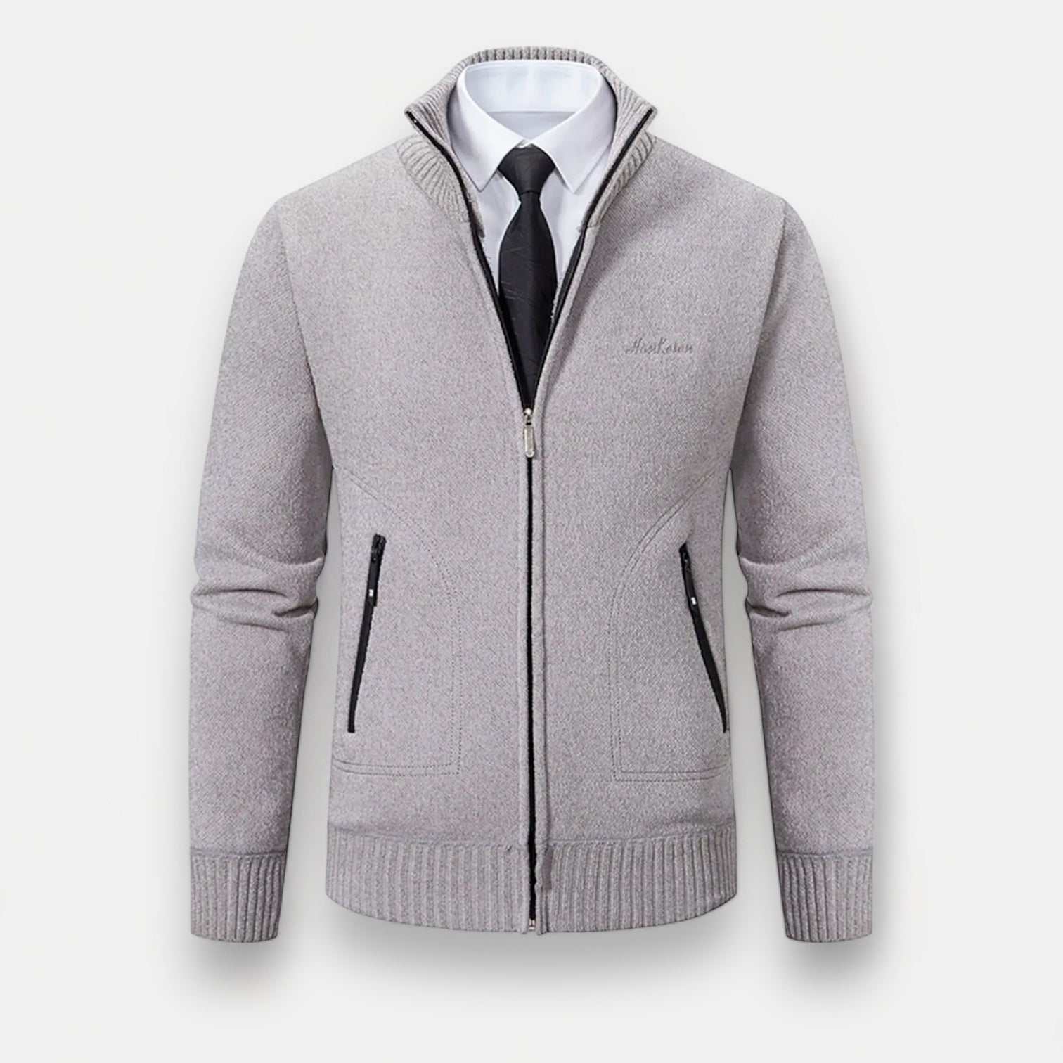 Stand collar sweater with zipper in gray for men, designed for autumn and winter warmth.