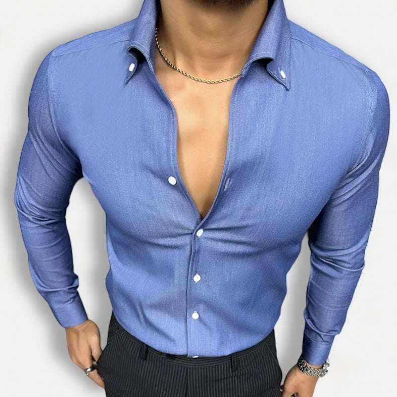 Men's office outfit suit long sleeve shirt in solid blue polyester, stylish and breathable for all seasons.