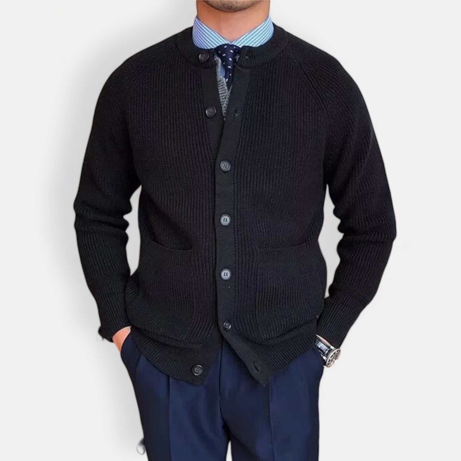 Men's black winter cardigan by Antonios, 60% cotton, comfortable fit.