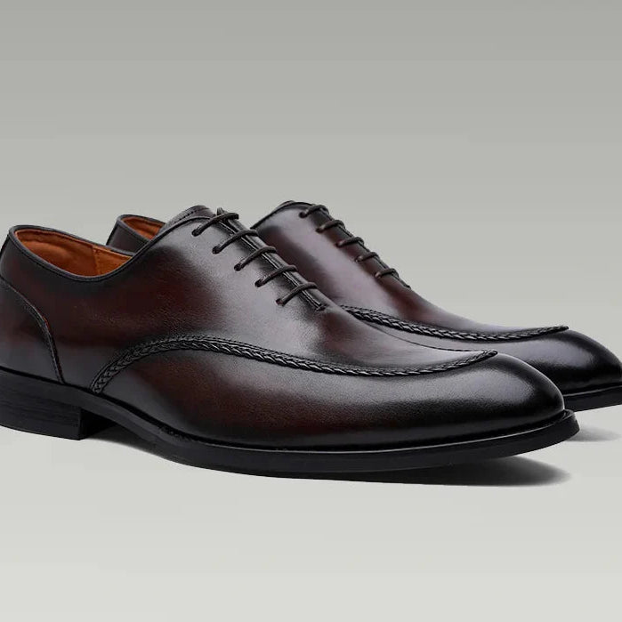 Classic formal wedding shoes in dark brown leather, perfect for a professional and sophisticated look.